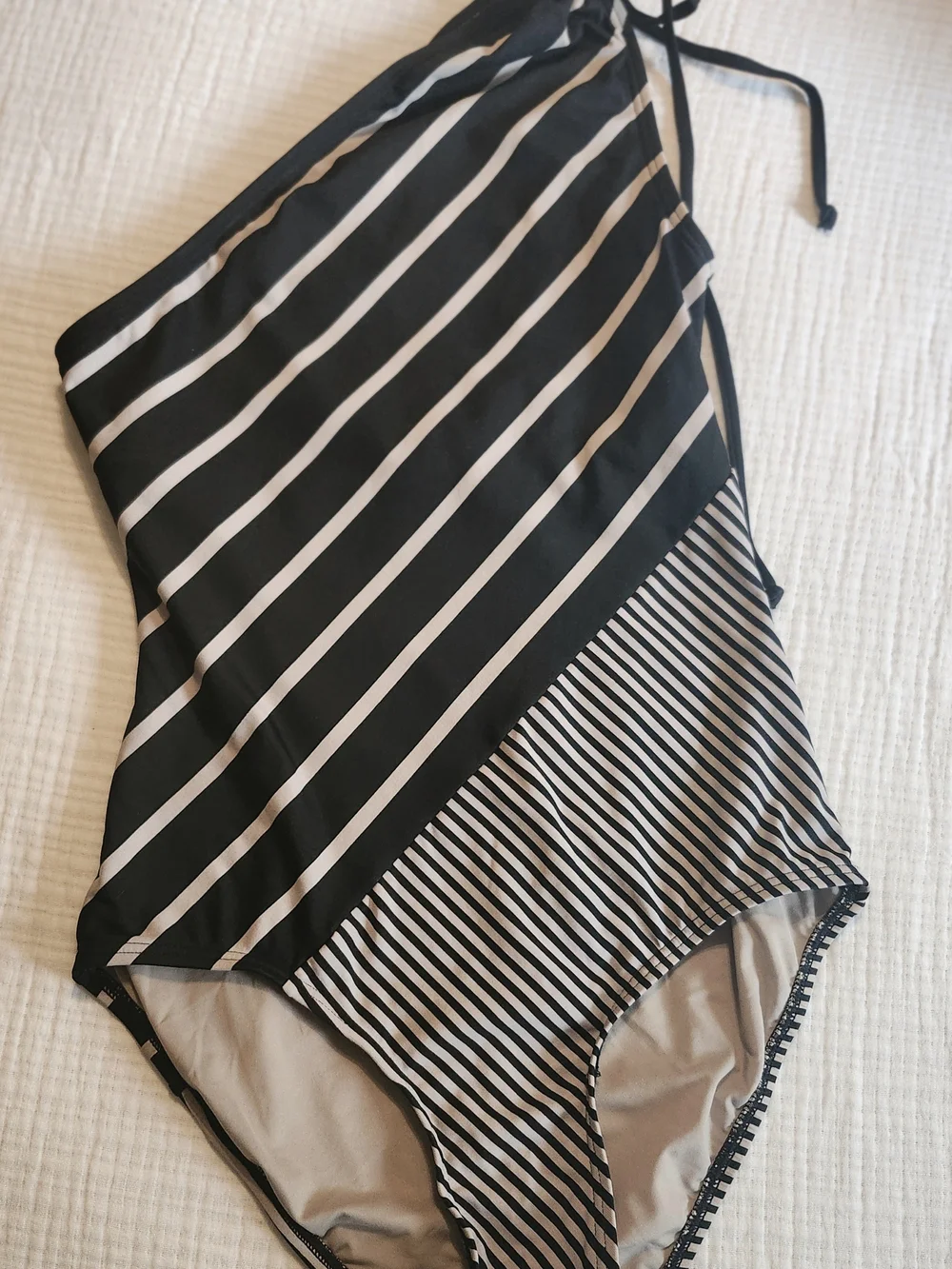DKNY Black and Tan Striped One-Shoulder One-Piece Swim - Picture 2 of 6